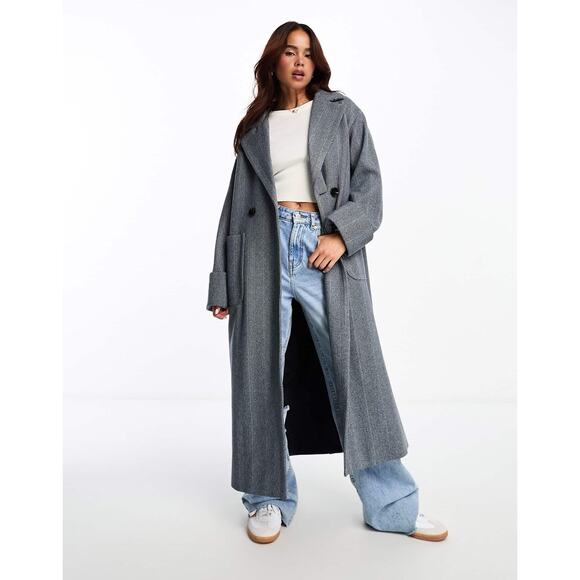 NEW ASOS The Frolic Herringbone Longline Coat Gray US Size 8 Maxi Length $170 - Picture 1 of 13